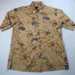 Harley Davdison Mens Button Up Shirt Medium Short Sleeve Palm Print Hawaiian